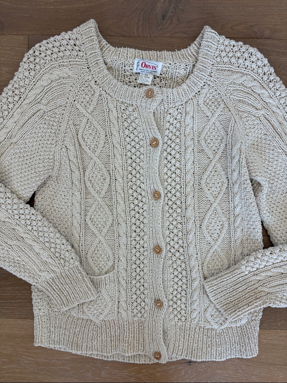 Orvis Cream Cable Knit Button-Front Cardigan